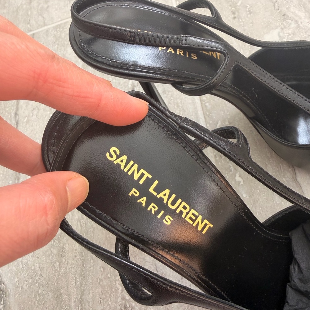 Brand New Saint Laurent Jeanne Black Slingback Heels with Gold Toe Accent - Picture 10 of 15